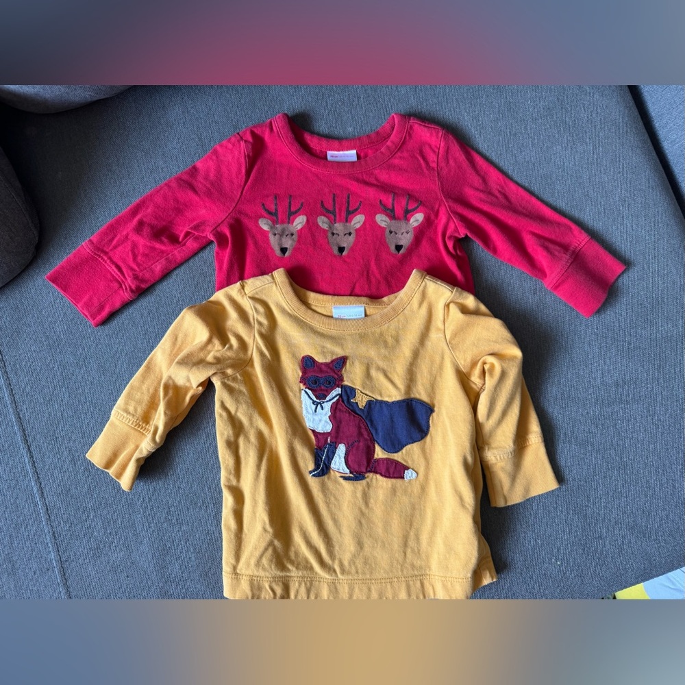 Hanna Andersson Red Deer and Yellow Fox Long Sleeve Tees 6-12 months bay